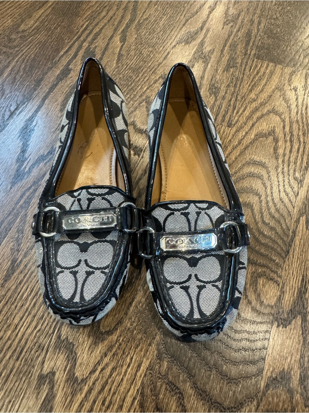 Coach Black & White Signature Canvas Loafers with Silver Logo Plaque